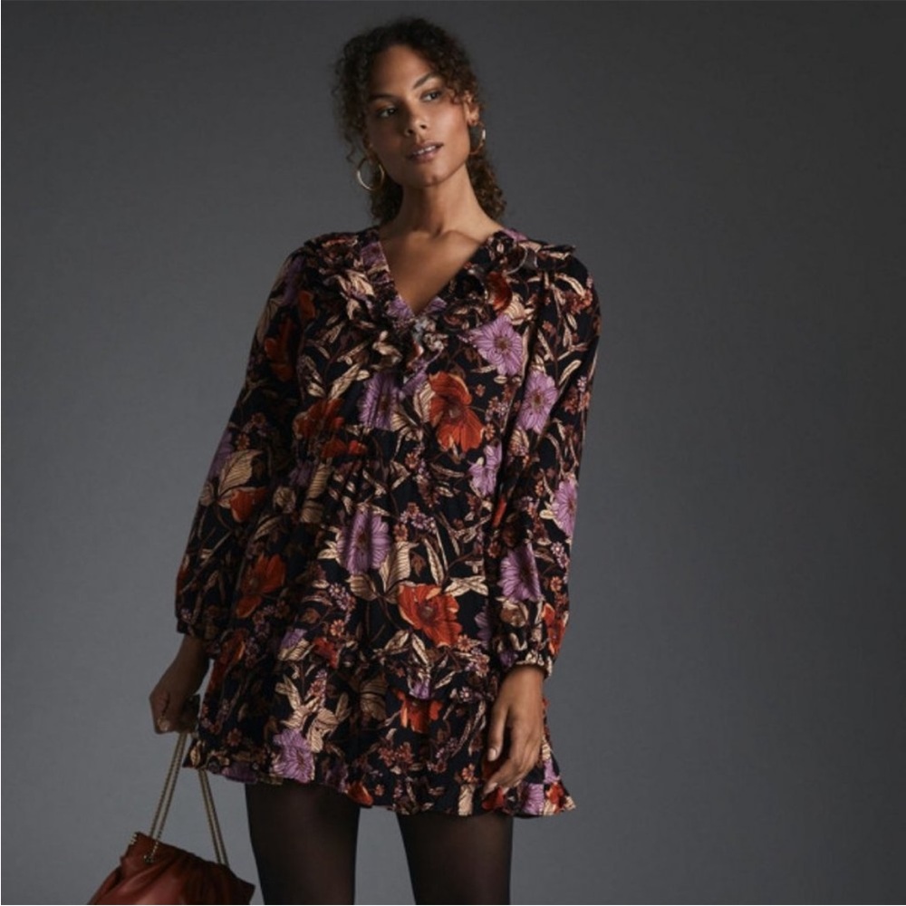 Anthropologie Floral Print Dress - Black and Purple